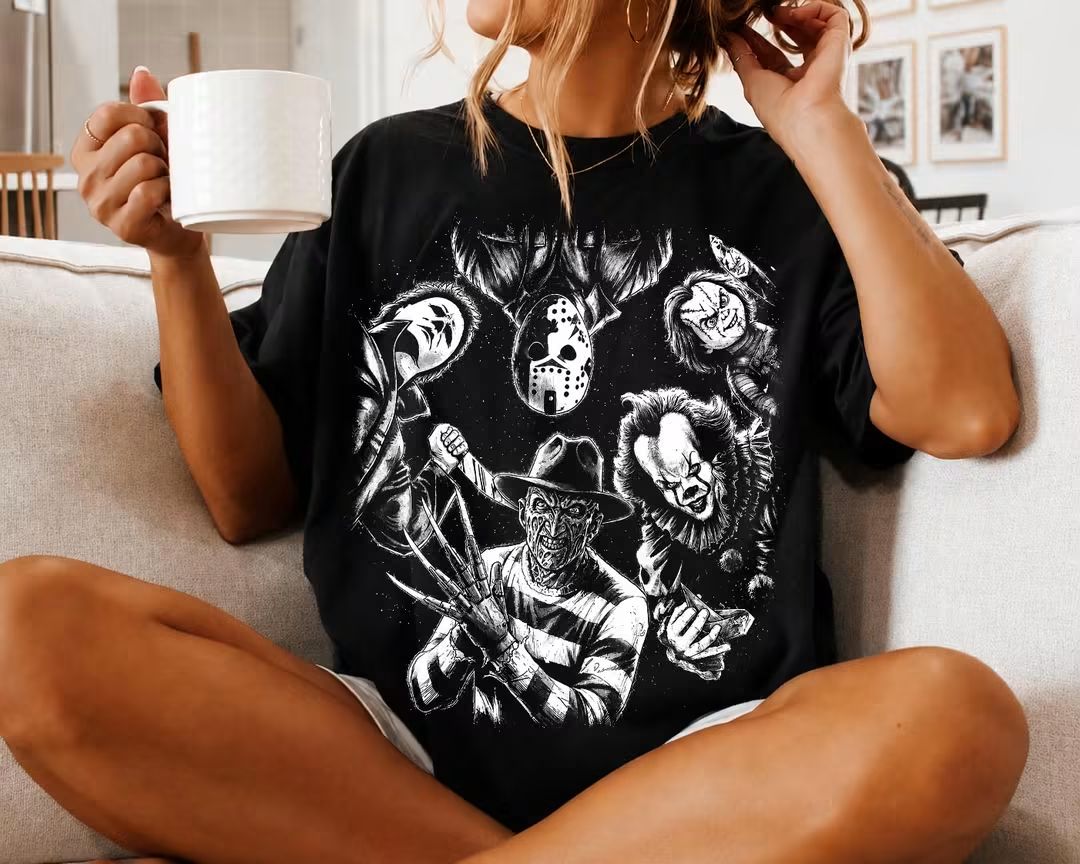 Horror Character Collage – Black Tee, Sweatshirt & Hoodie