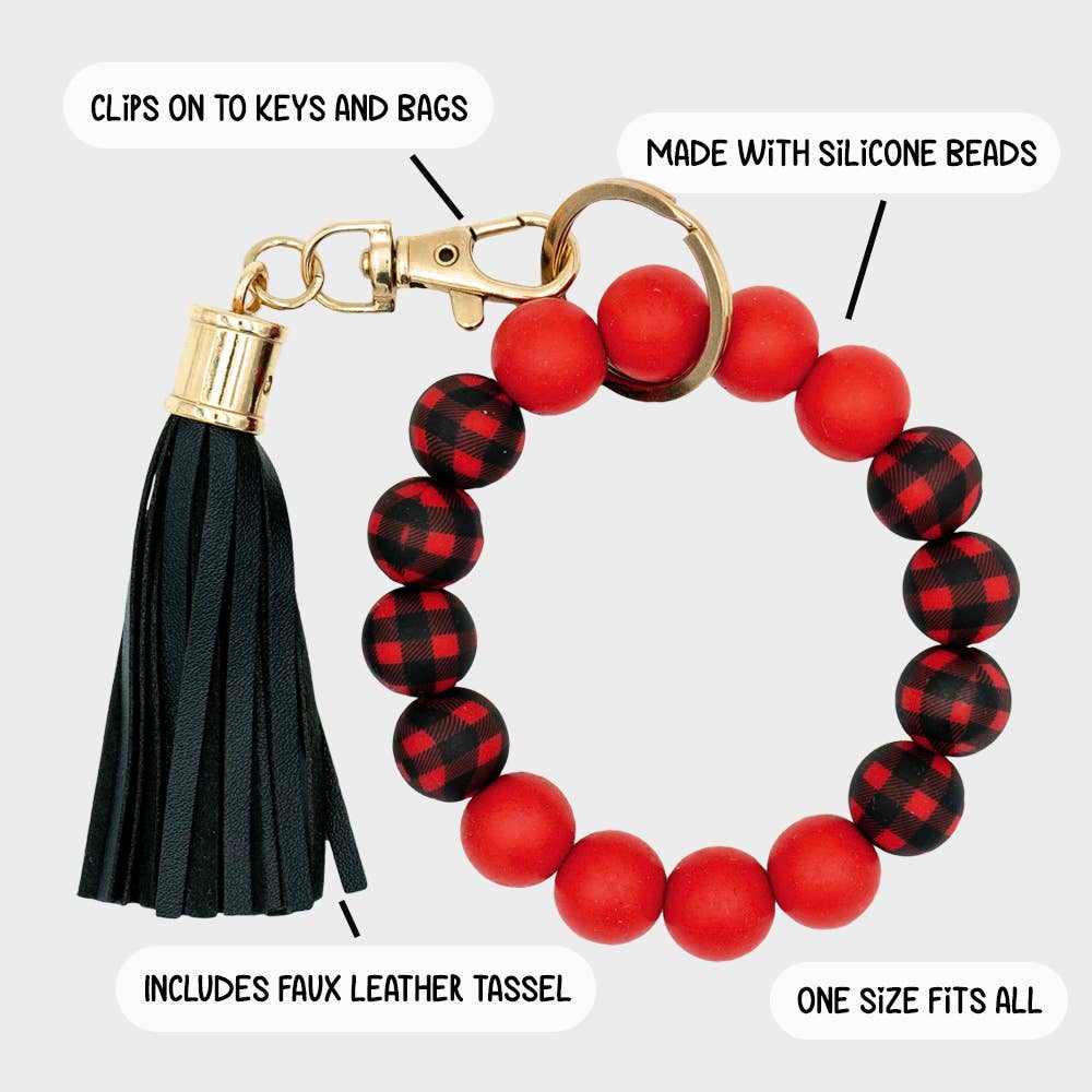 Silicone Beaded Bracelet Keychain- Buffalo Plaid