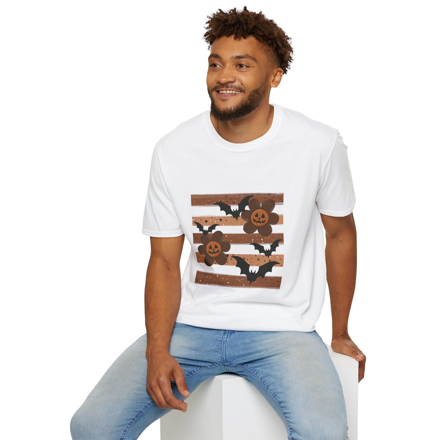 Halloween Pumpkin & Bat Striped T-Shirt — Spooky Fall Graphic Tee