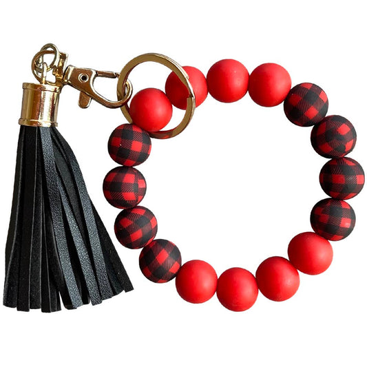 Silicone Beaded Bracelet Keychain- Buffalo Plaid