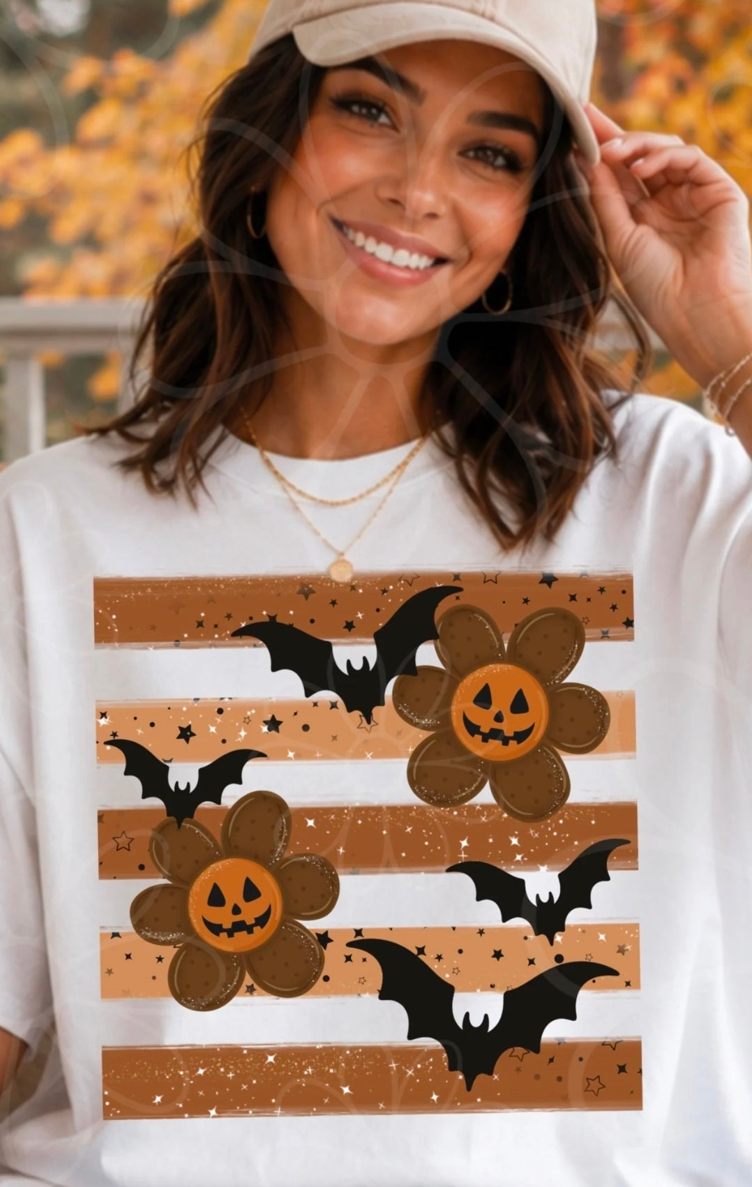 Retro Halloween Bats & Pumpkin Flowers – Sand Tee, Sweatshirt & Hoodie