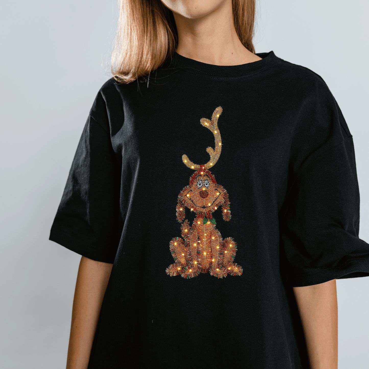 Festive Tinsel Reindeer Dog Christmas Lights Tee – Cute Holiday Pup Design (T-Shirt, Sweatshirt, Hoodie)