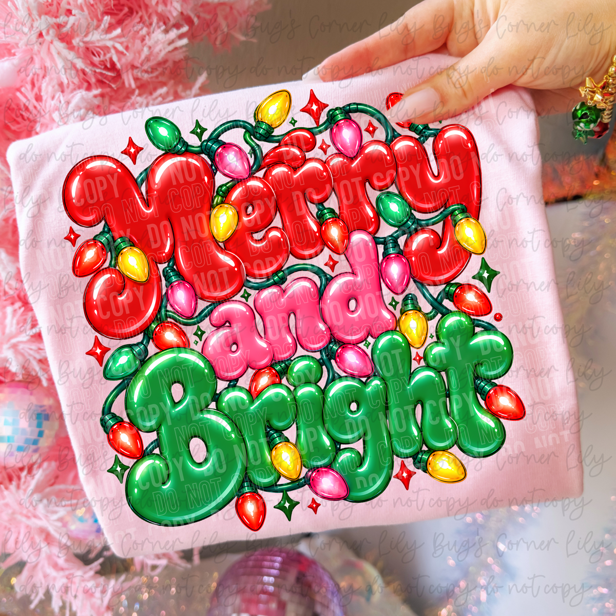 Merry and Bright Bubble Letters and Lights – Tee, Sweatshirt & Hoodie