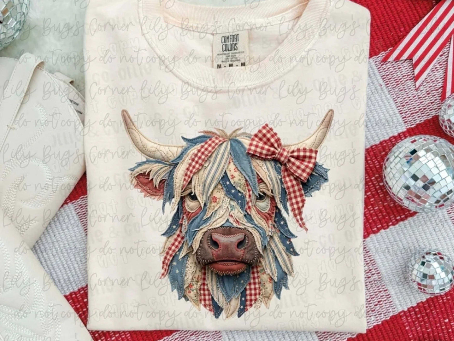 Patriotic Highland Cow Shirt | Vintage Americana Cow with Gingham Bow | Farmhouse Fourth of July Tee