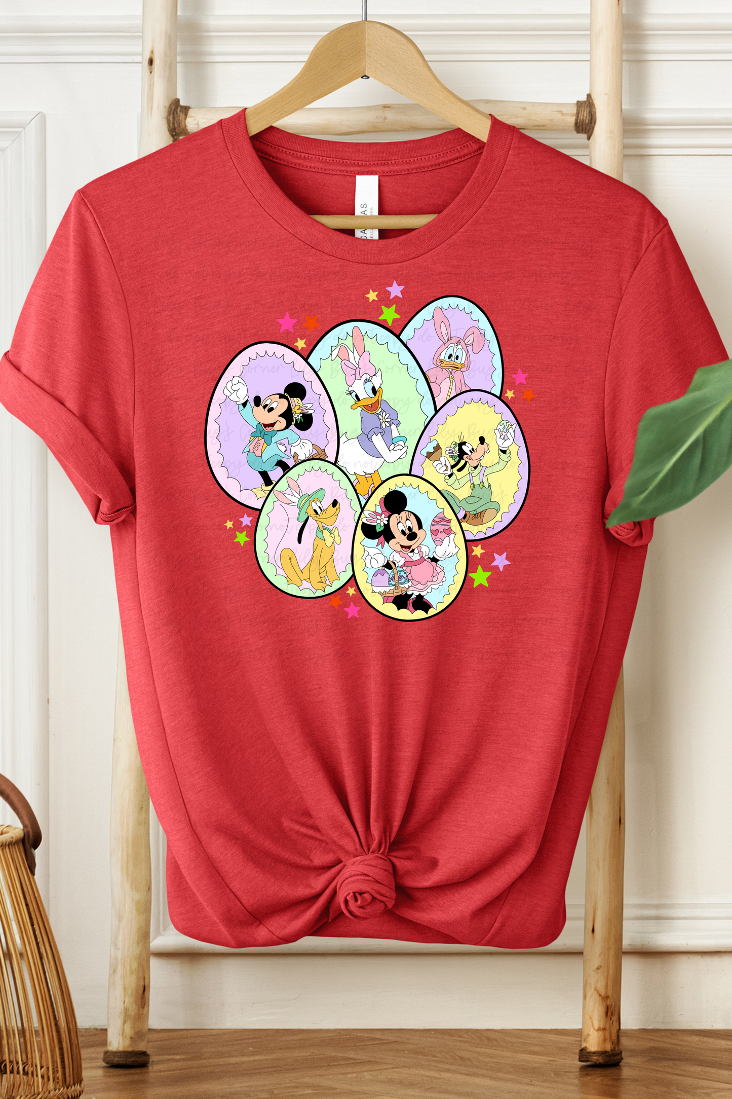 Cartoon Friends Happy Easter Egg Graphic T-Shirt | Classic Characters Spring Tee | Fun Easter Holiday Shirt
