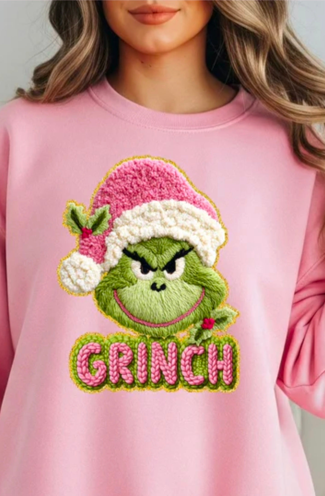 💗 Pink Grinch Christmas Sweatshirt – Cozy Faux Yarn Holiday Pullover