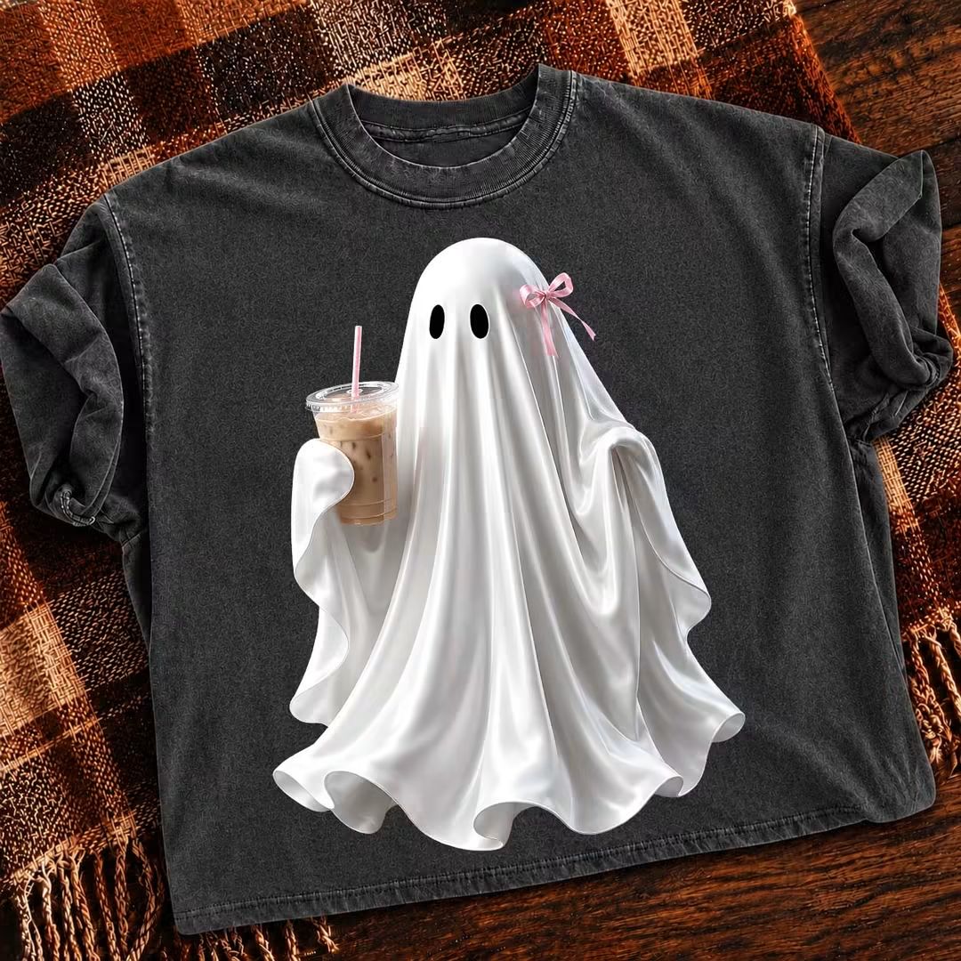 Iced Coffee Ghost with Pink Bow – Black Tee, Sweatshirt & Hoodie