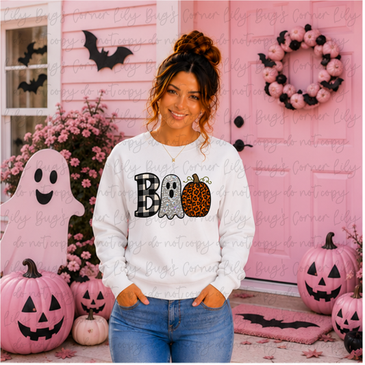 BOO Plaid Ghost & Leopard Pumpkin – Halloween Tee, Sweatshirt & Hoodie