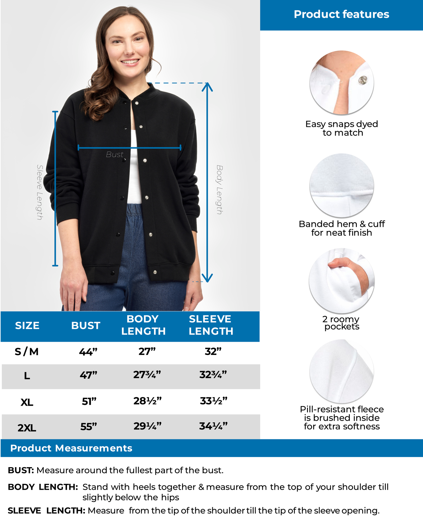 Womens Snap Up Jacket - Soft, Fleecy Lining for Three-Season Comfort