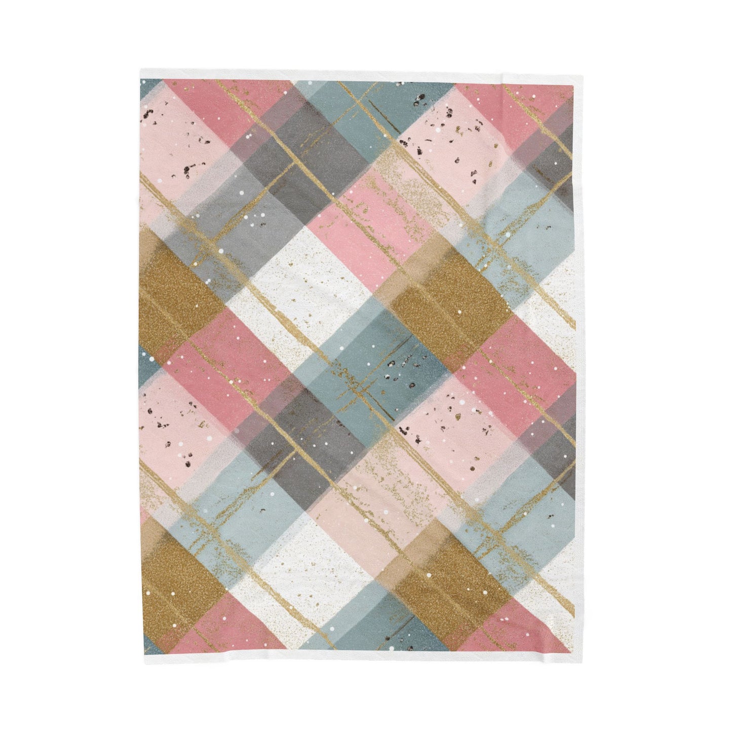 Pastel Plaid Velveteen Plush Blanket — Soft Pink & Gold Cozy Throw
