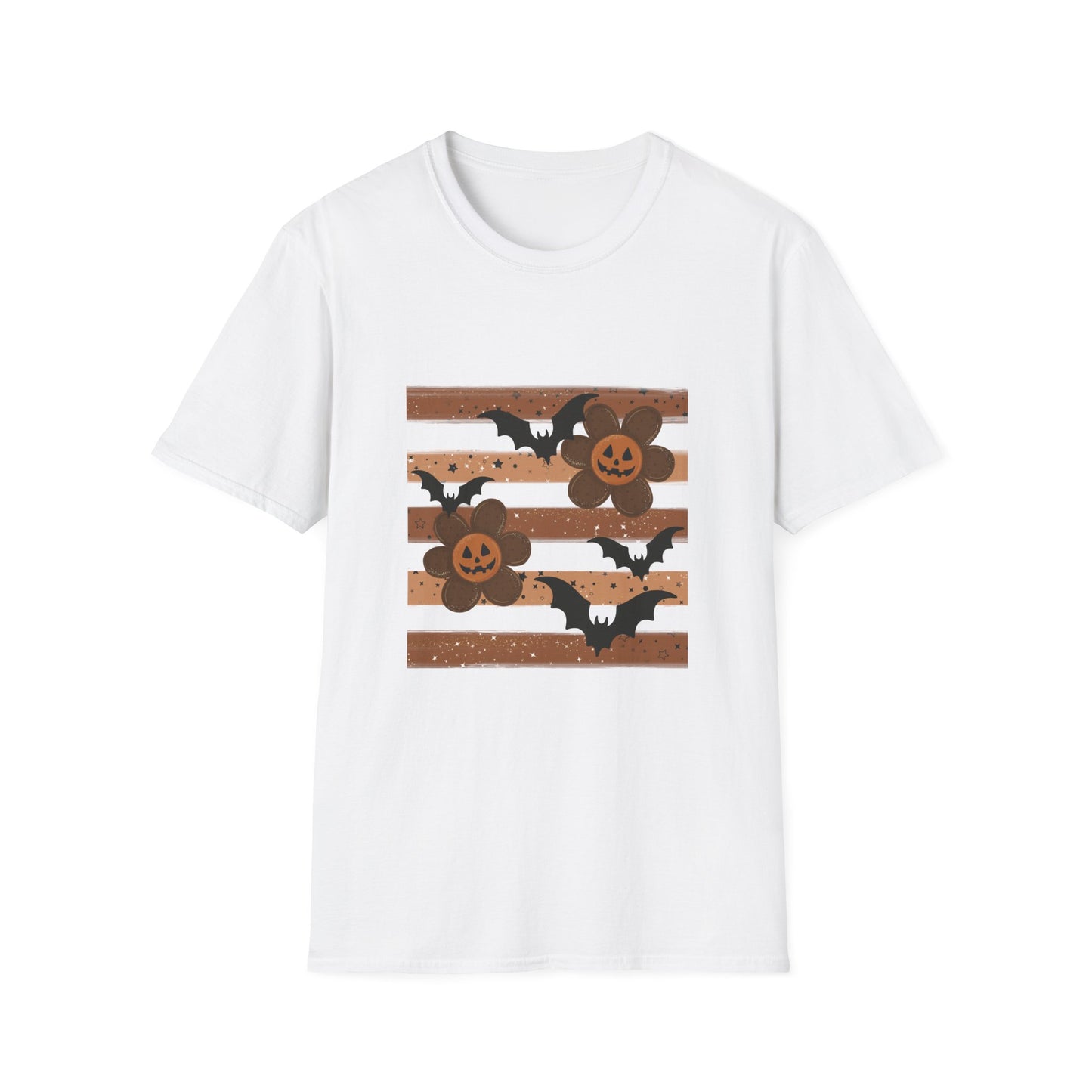 Halloween Pumpkin & Bat Striped T-Shirt — Spooky Fall Graphic Tee
