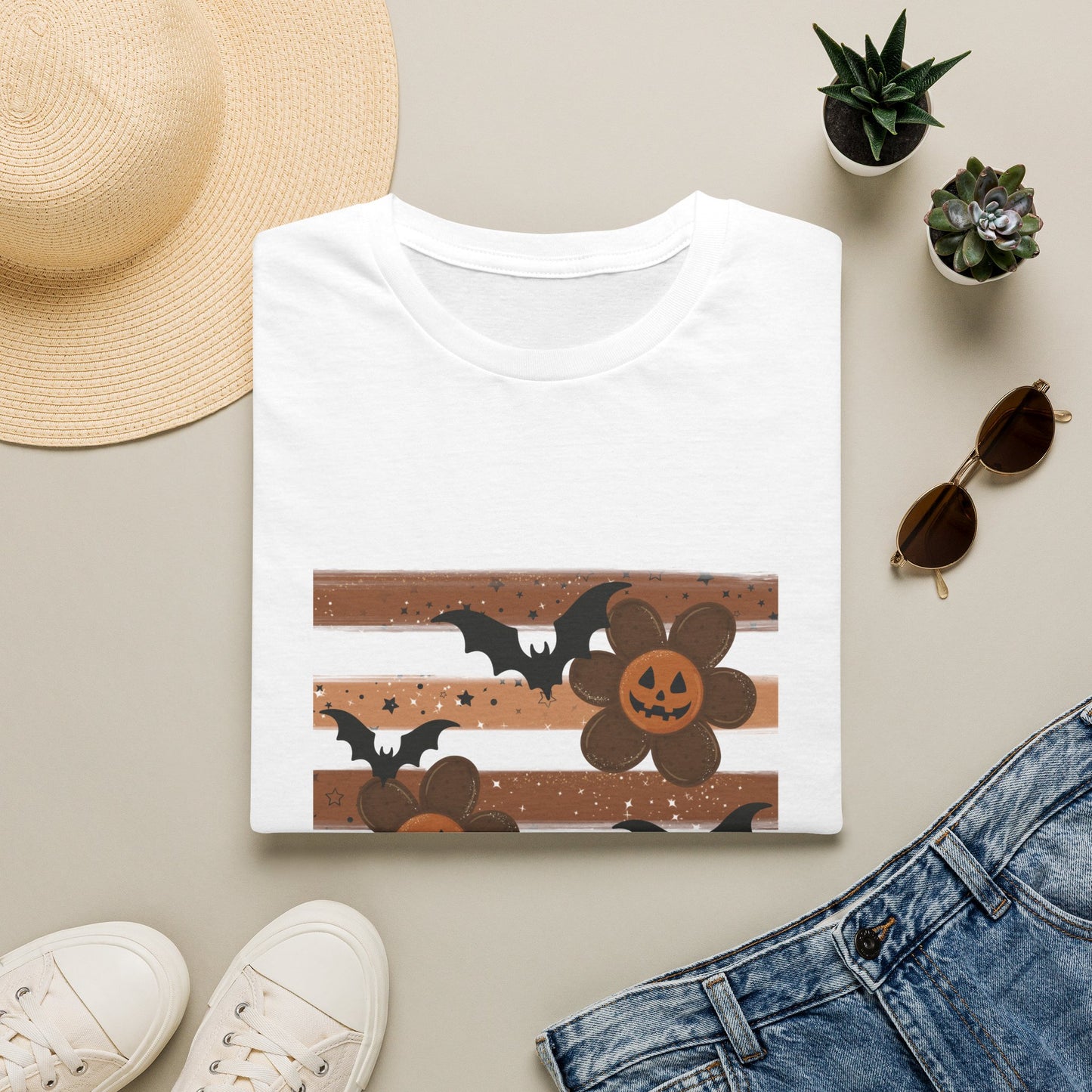 Halloween Pumpkin & Bat Striped T-Shirt — Spooky Fall Graphic Tee