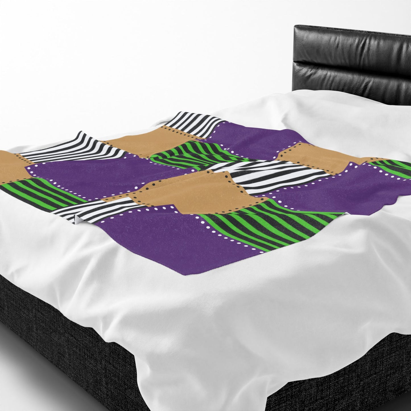 Patchwork Velvet Plush Blanket — Purple, Green & Gold Striped Cozy Throw