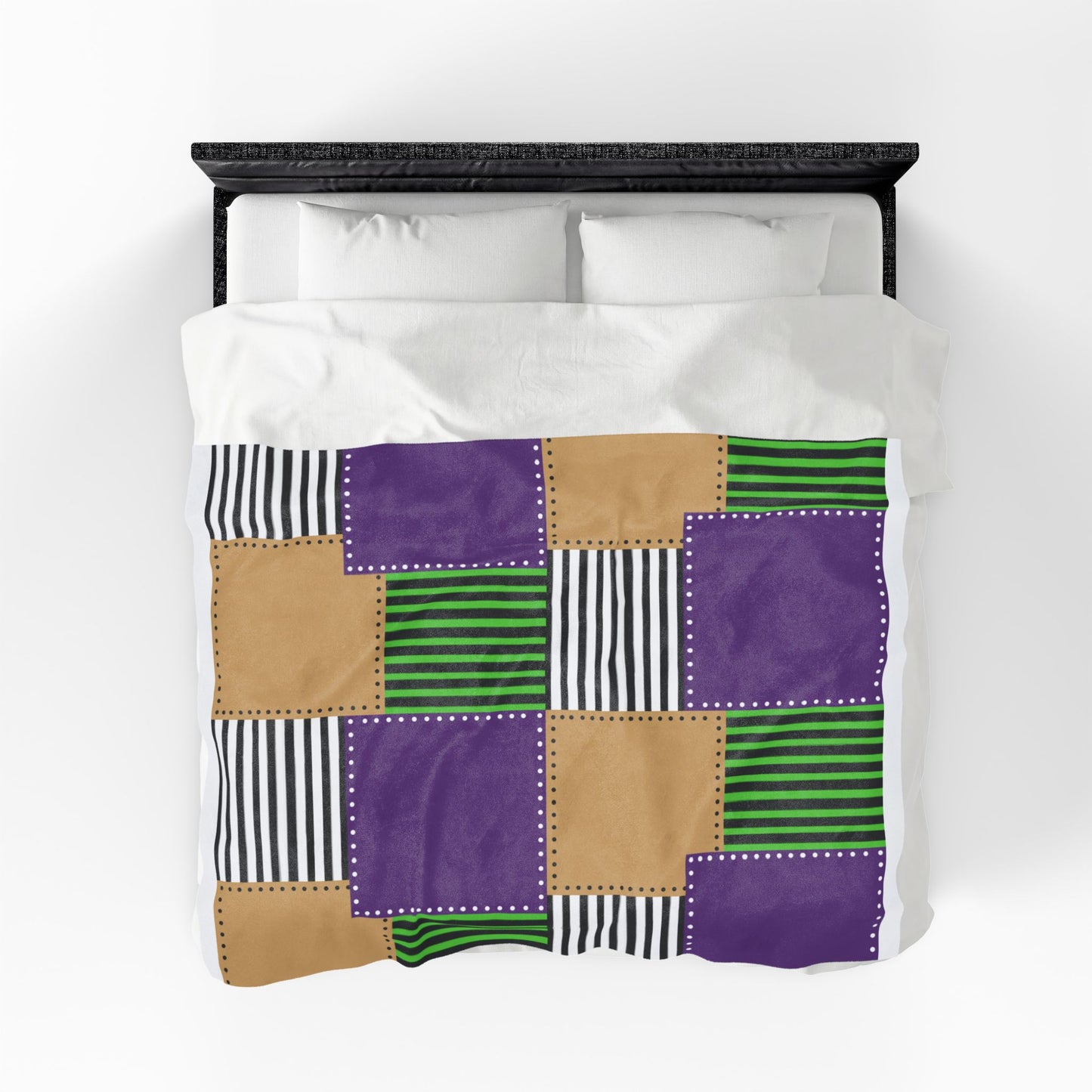 Patchwork Velvet Plush Blanket — Purple, Green & Gold Striped Cozy Throw