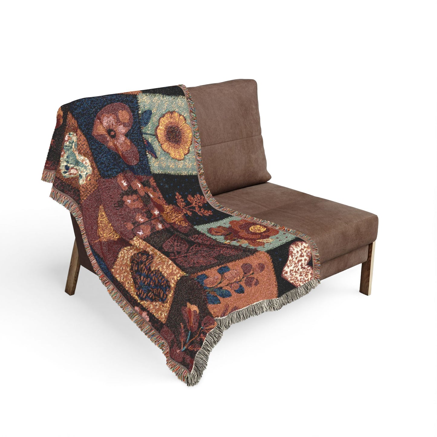 Heart Patchwork Woven Blanket — Rustic Floral Throw for Cozy Home & Gift