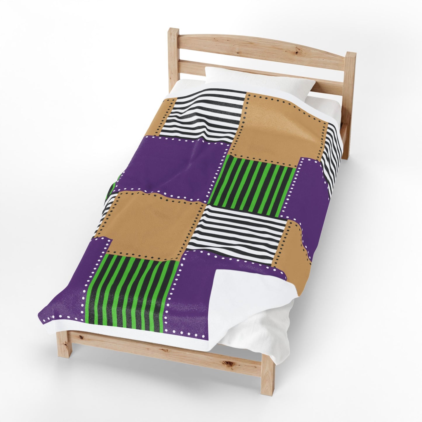 Patchwork Velvet Plush Blanket — Purple, Green & Gold Striped Cozy Throw