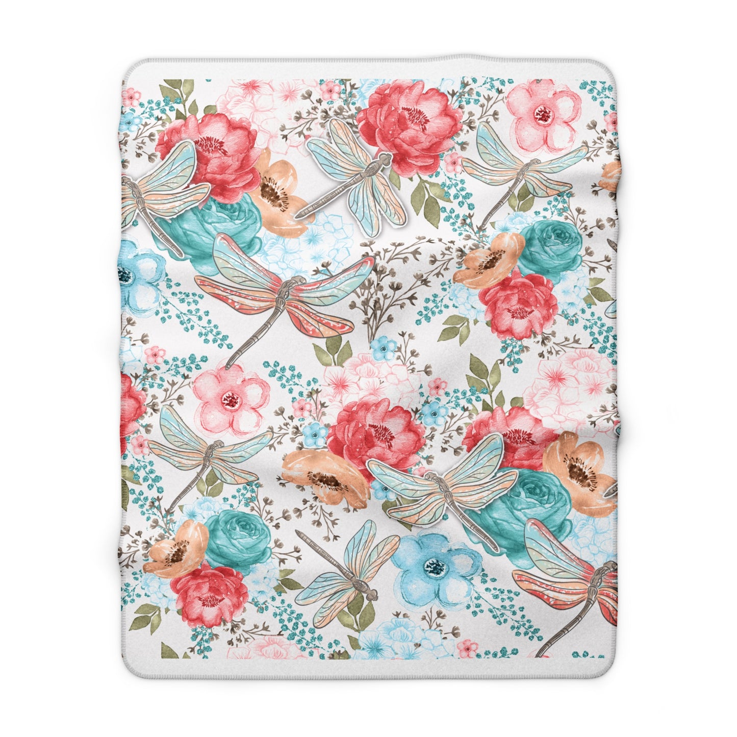 Floral Dragonfly Sherpa Blanket — Soft Cozy Throw with Pink & Teal Watercolor Flowers