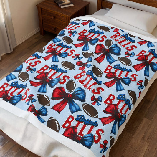 Velveteen Plush Blanket – Football Fan Throw with Team & Bow Pattern