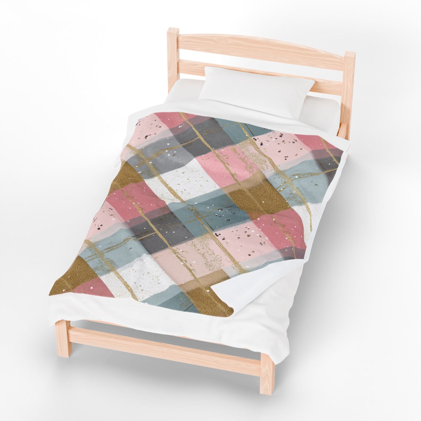 Pastel Plaid Velveteen Plush Blanket — Soft Pink & Gold Cozy Throw