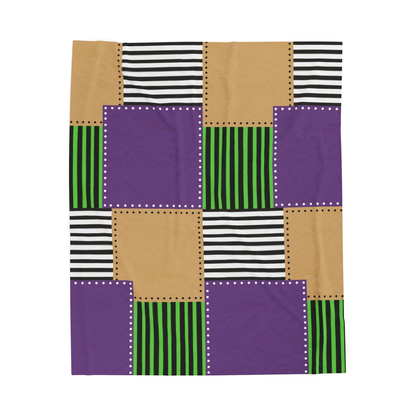Patchwork Velvet Plush Blanket — Purple, Green & Gold Striped Cozy Throw