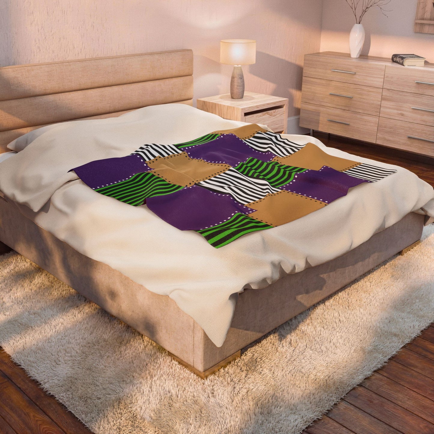 Patchwork Velvet Plush Blanket — Purple, Green & Gold Striped Cozy Throw