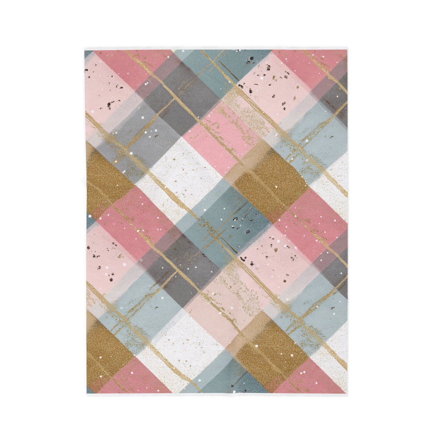 Pastel Plaid Velveteen Plush Blanket — Soft Pink & Gold Cozy Throw