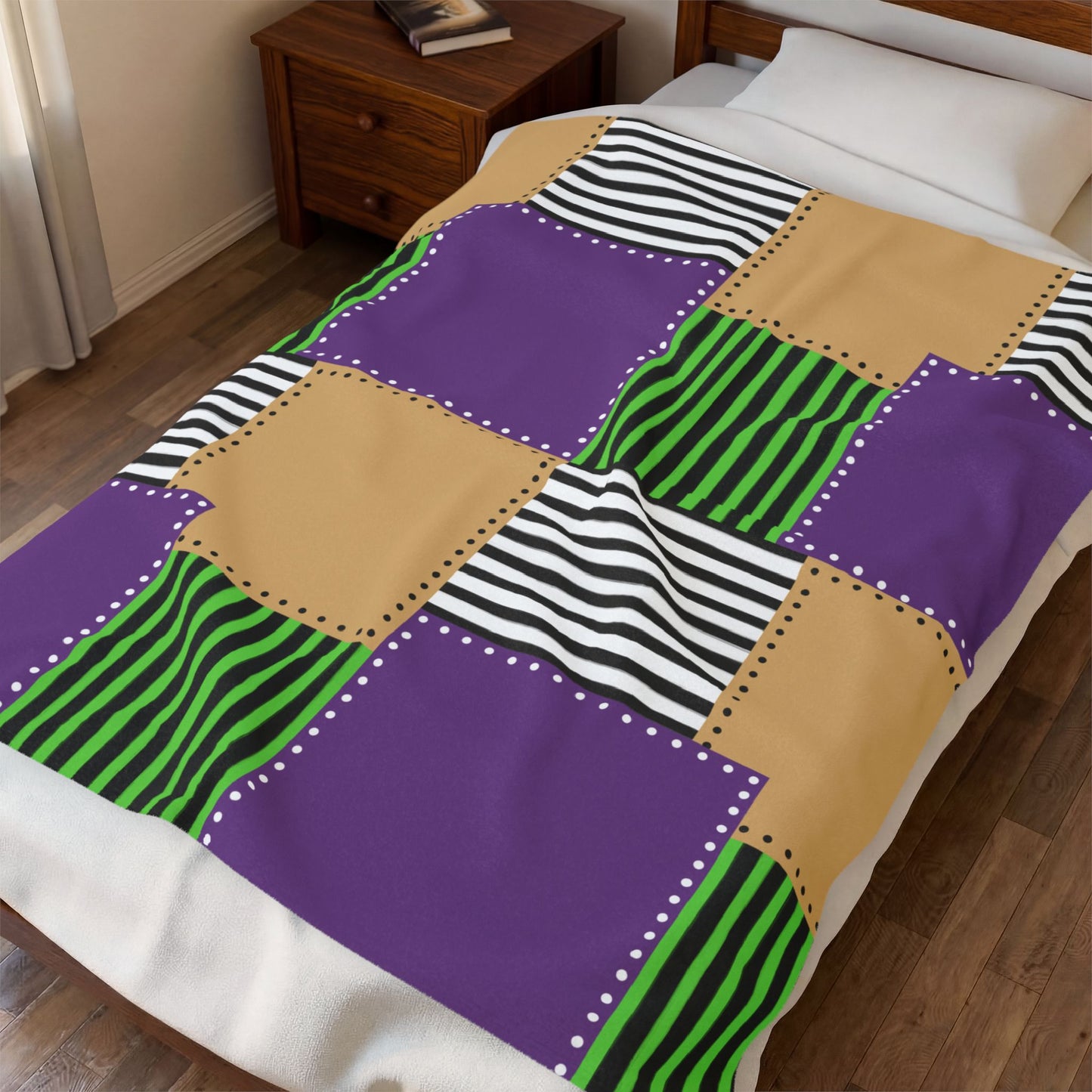 Patchwork Velvet Plush Blanket — Purple, Green & Gold Striped Cozy Throw