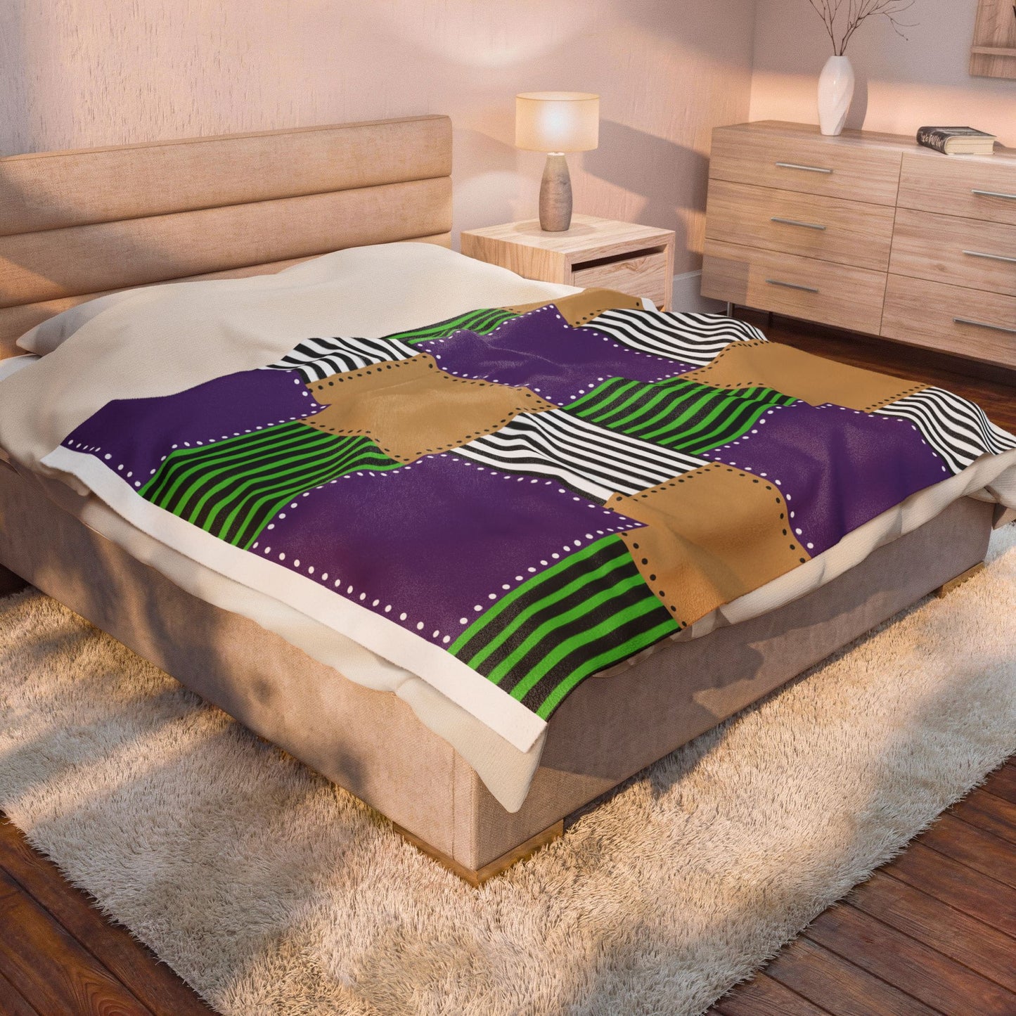 Patchwork Velvet Plush Blanket — Purple, Green & Gold Striped Cozy Throw