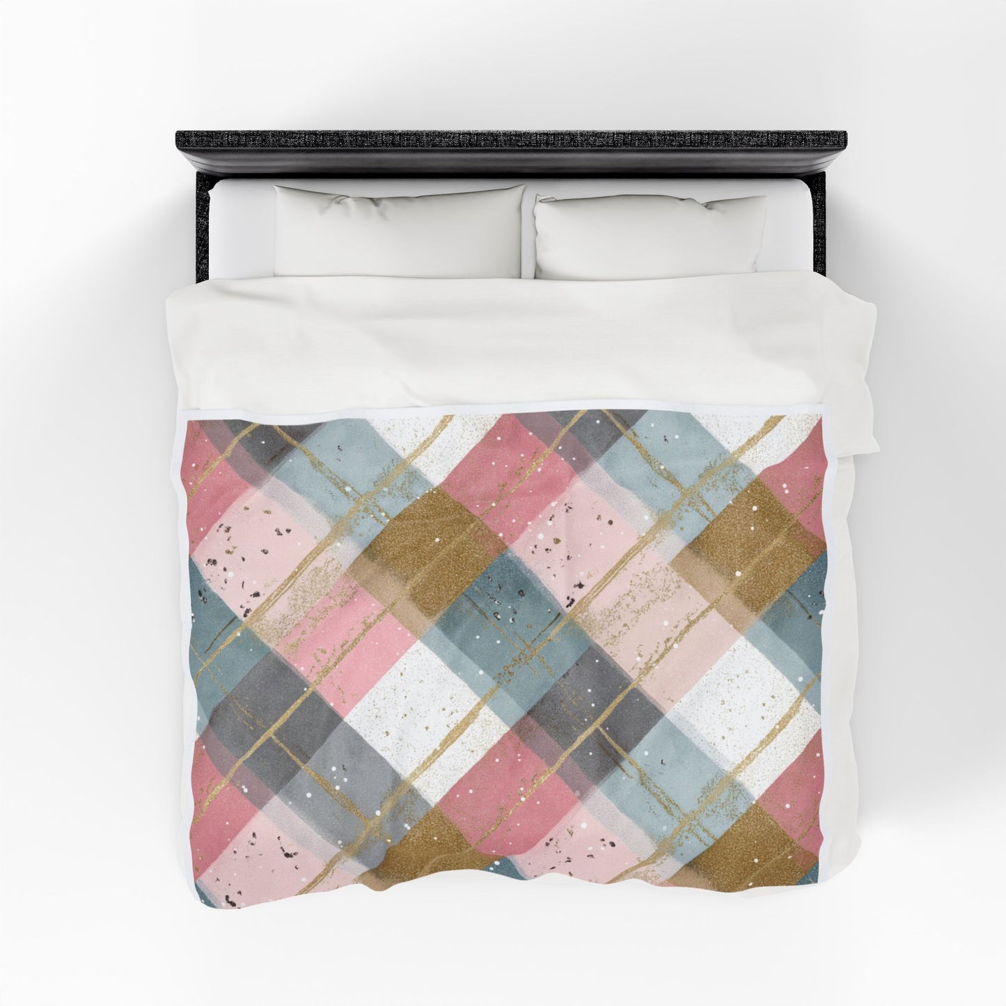Pastel Plaid Velveteen Plush Blanket — Soft Pink & Gold Cozy Throw