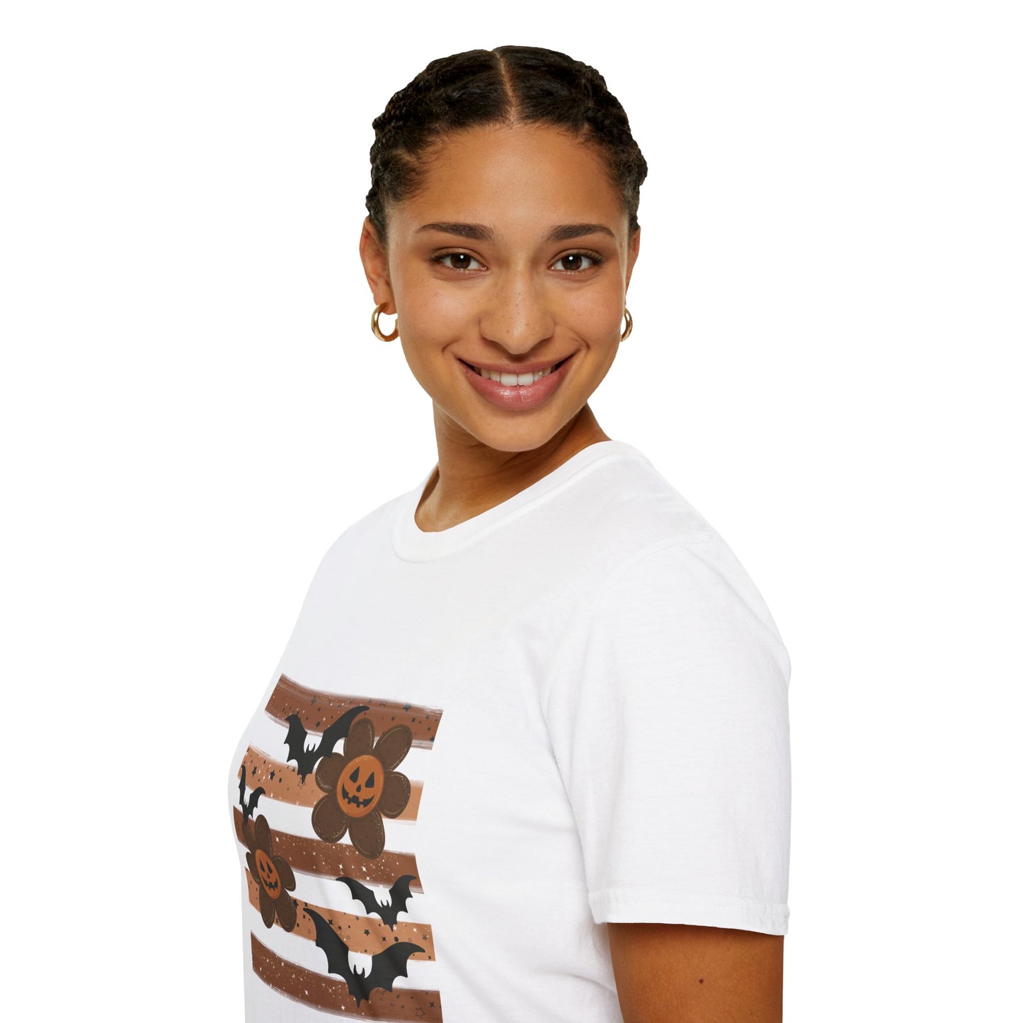 Halloween Pumpkin & Bat Striped T-Shirt — Spooky Fall Graphic Tee