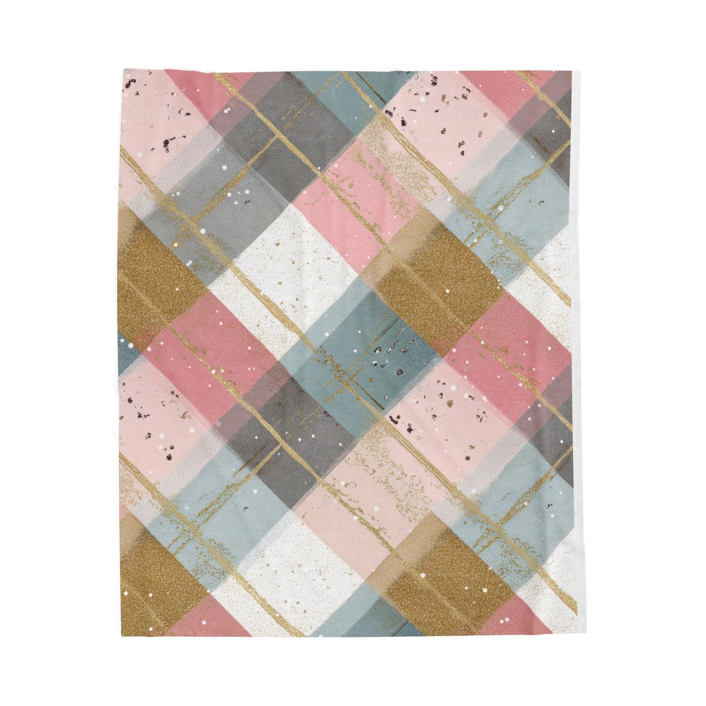 Pastel Plaid Velveteen Plush Blanket — Soft Pink & Gold Cozy Throw