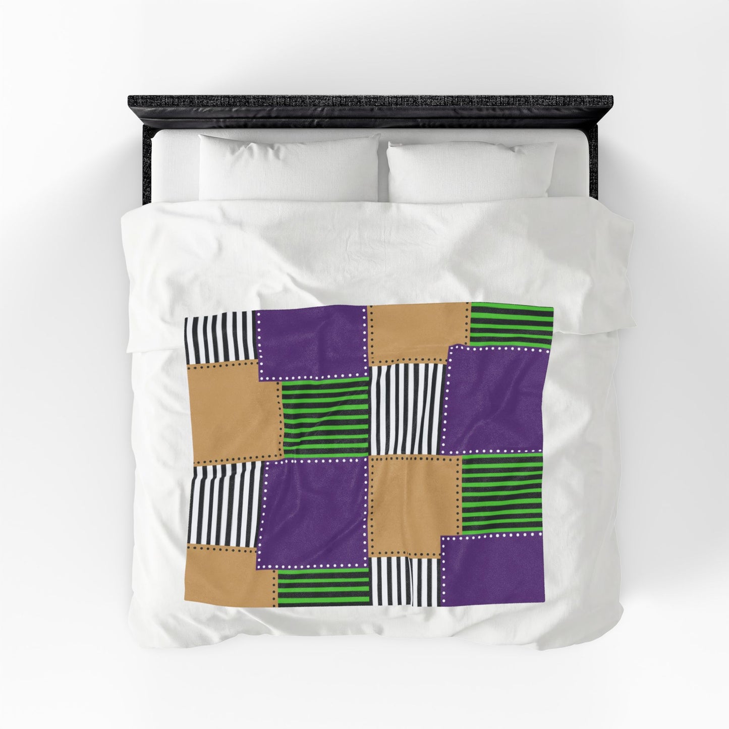 Patchwork Velvet Plush Blanket — Purple, Green & Gold Striped Cozy Throw