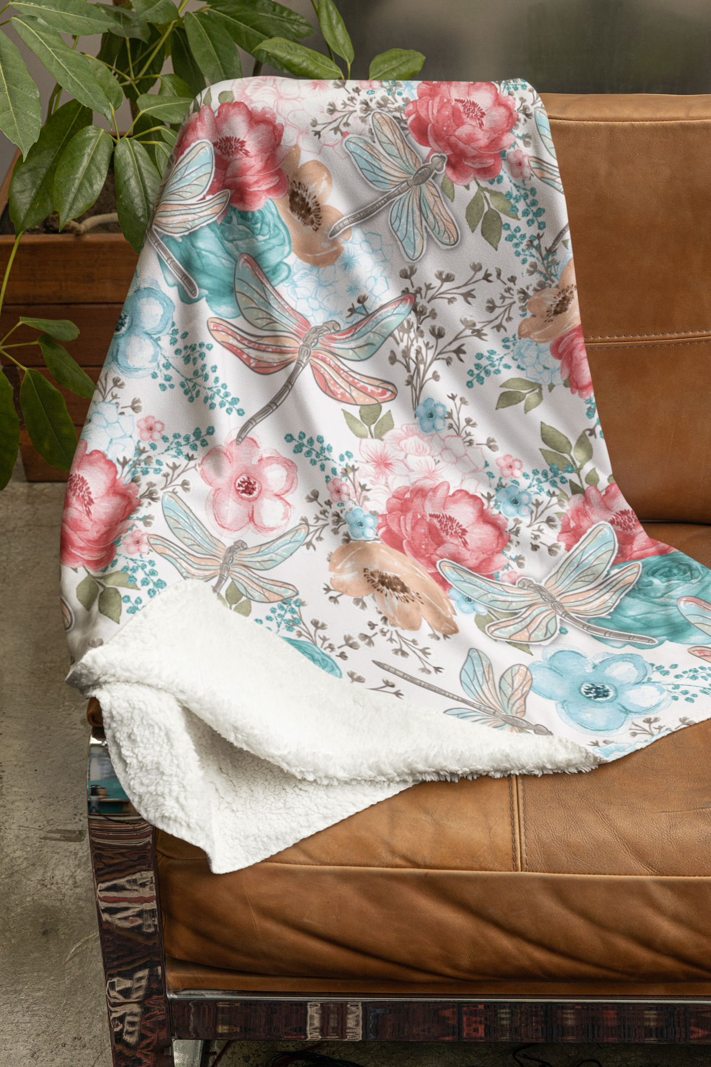 Floral Dragonfly Sherpa Blanket — Soft Cozy Throw with Pink & Teal Watercolor Flowers