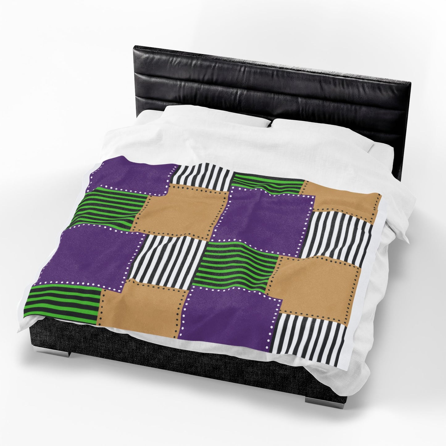 Patchwork Velvet Plush Blanket — Purple, Green & Gold Striped Cozy Throw