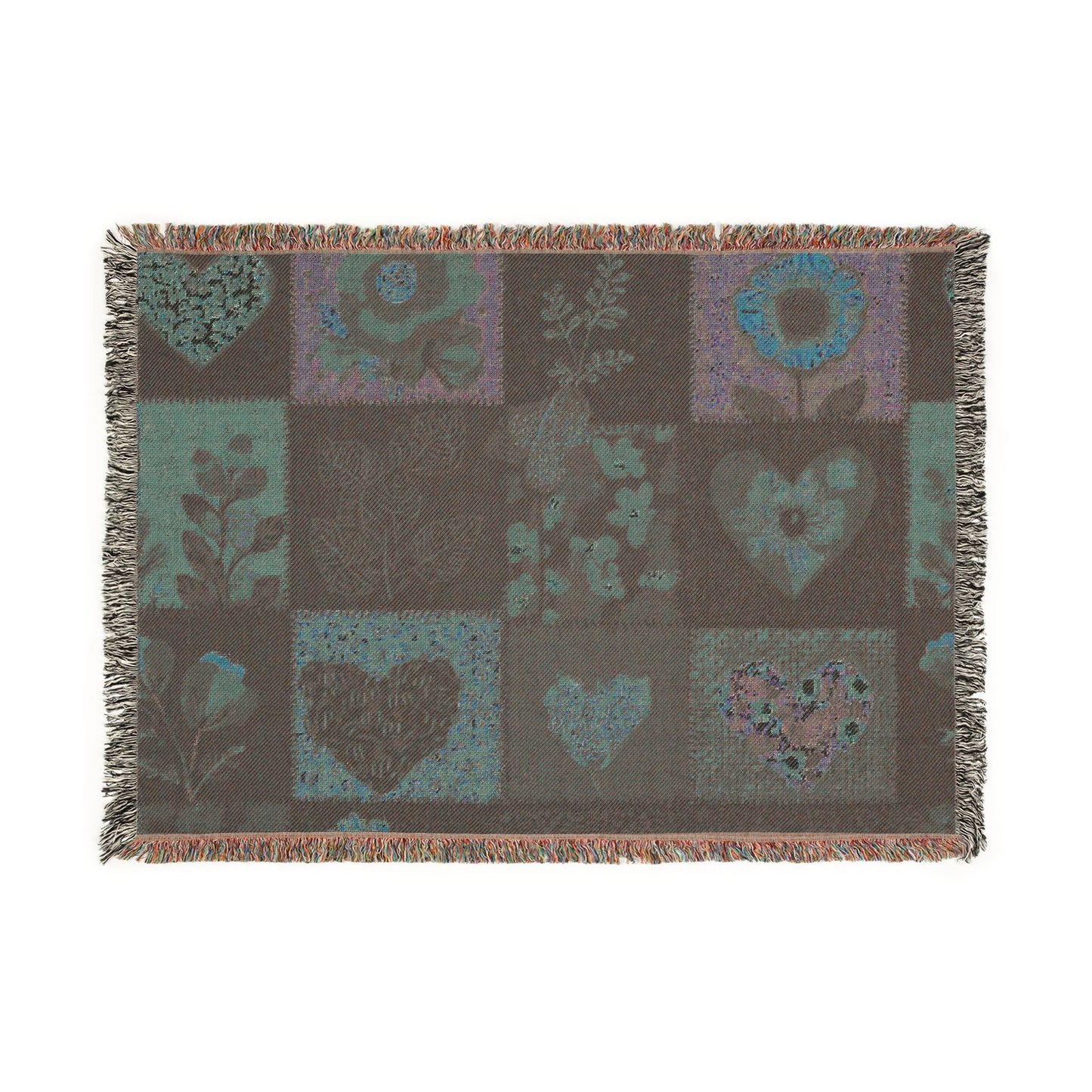 Heart Patchwork Woven Blanket — Rustic Floral Throw for Cozy Home & Gift