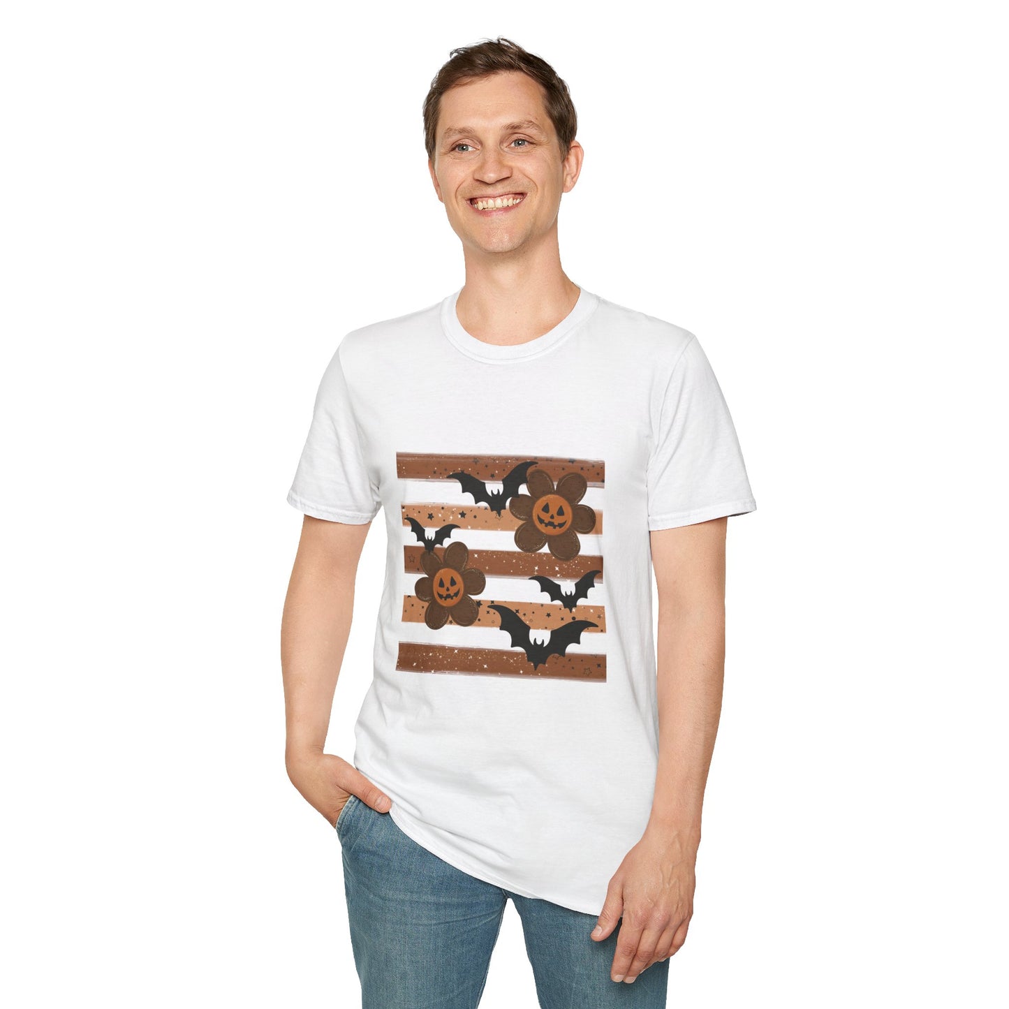 Halloween Pumpkin & Bat Striped T-Shirt — Spooky Fall Graphic Tee