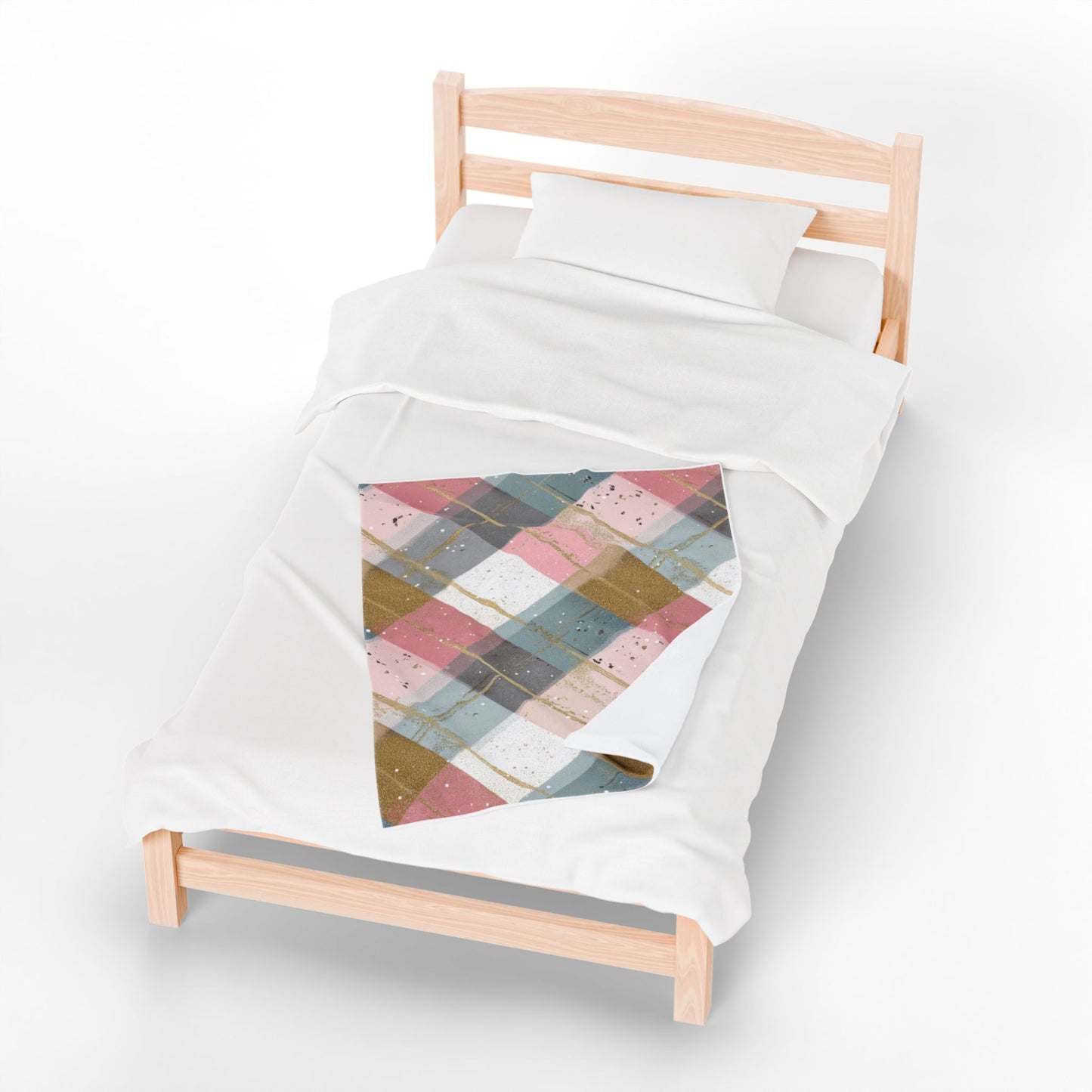 Pastel Plaid Velveteen Plush Blanket — Soft Pink & Gold Cozy Throw