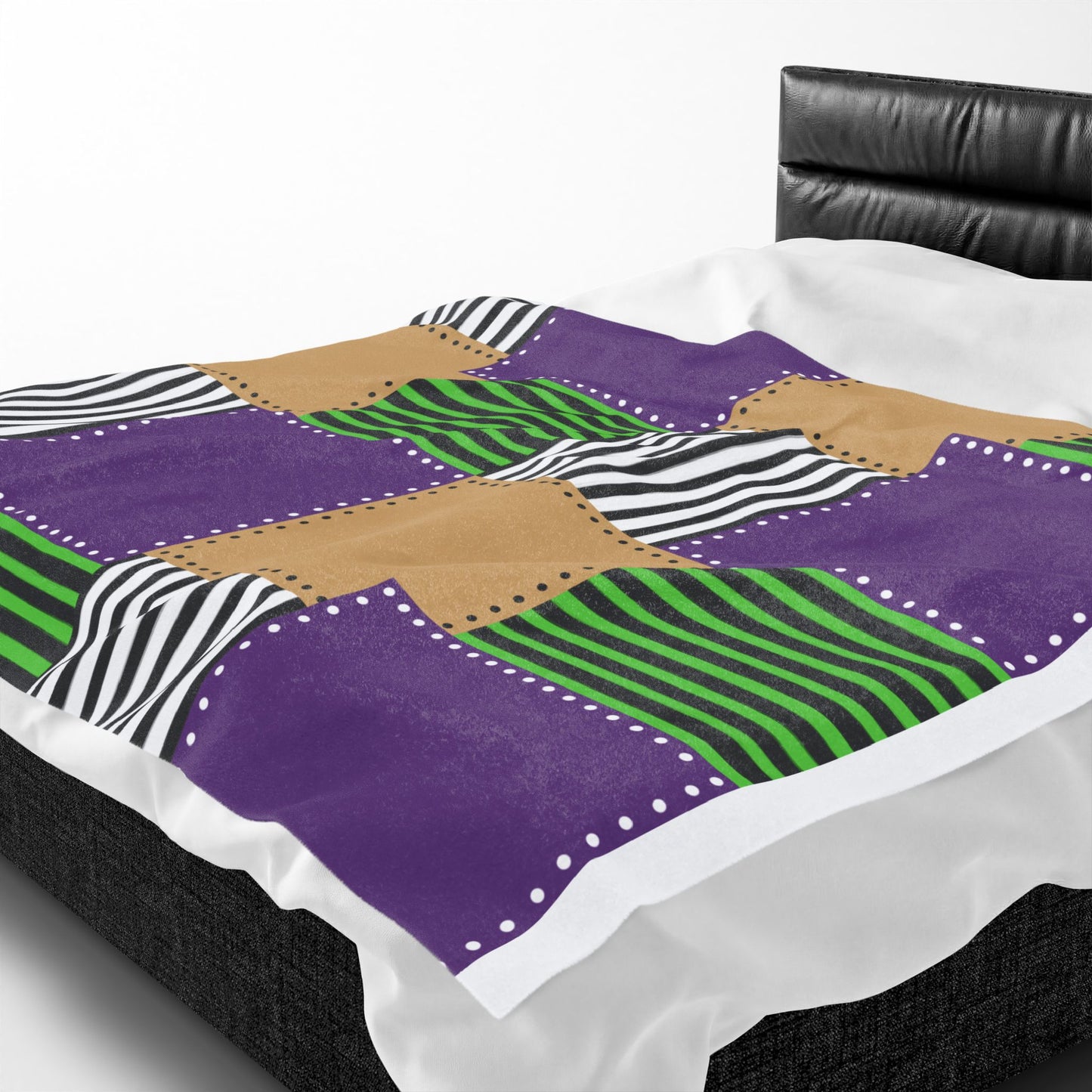 Patchwork Velvet Plush Blanket — Purple, Green & Gold Striped Cozy Throw