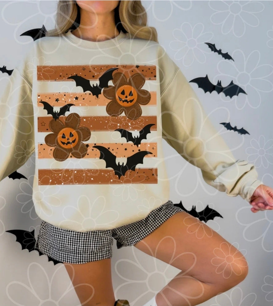 Retro Halloween Bats & Pumpkin Flowers – Sand Tee, Sweatshirt & Hoodie