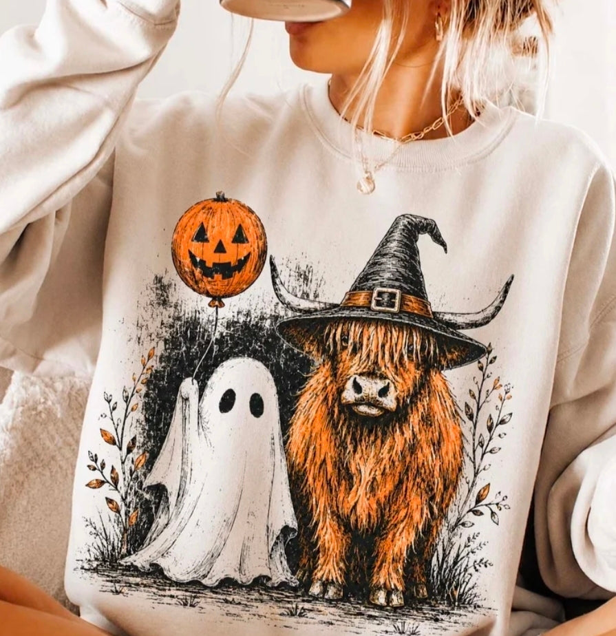 Halloween Highland Cow & Ghost – Tee, Sweatshirt & Hoodie