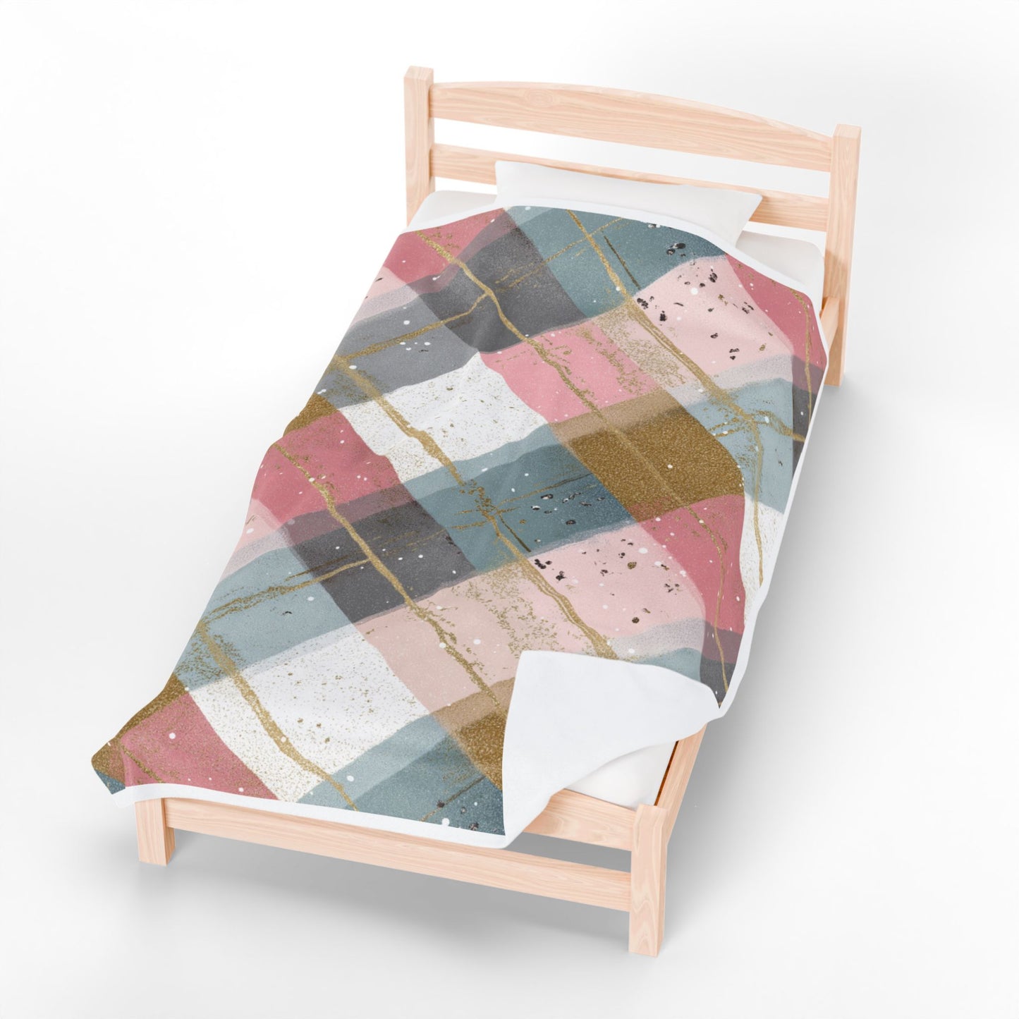 Pastel Plaid Velveteen Plush Blanket — Soft Pink & Gold Cozy Throw
