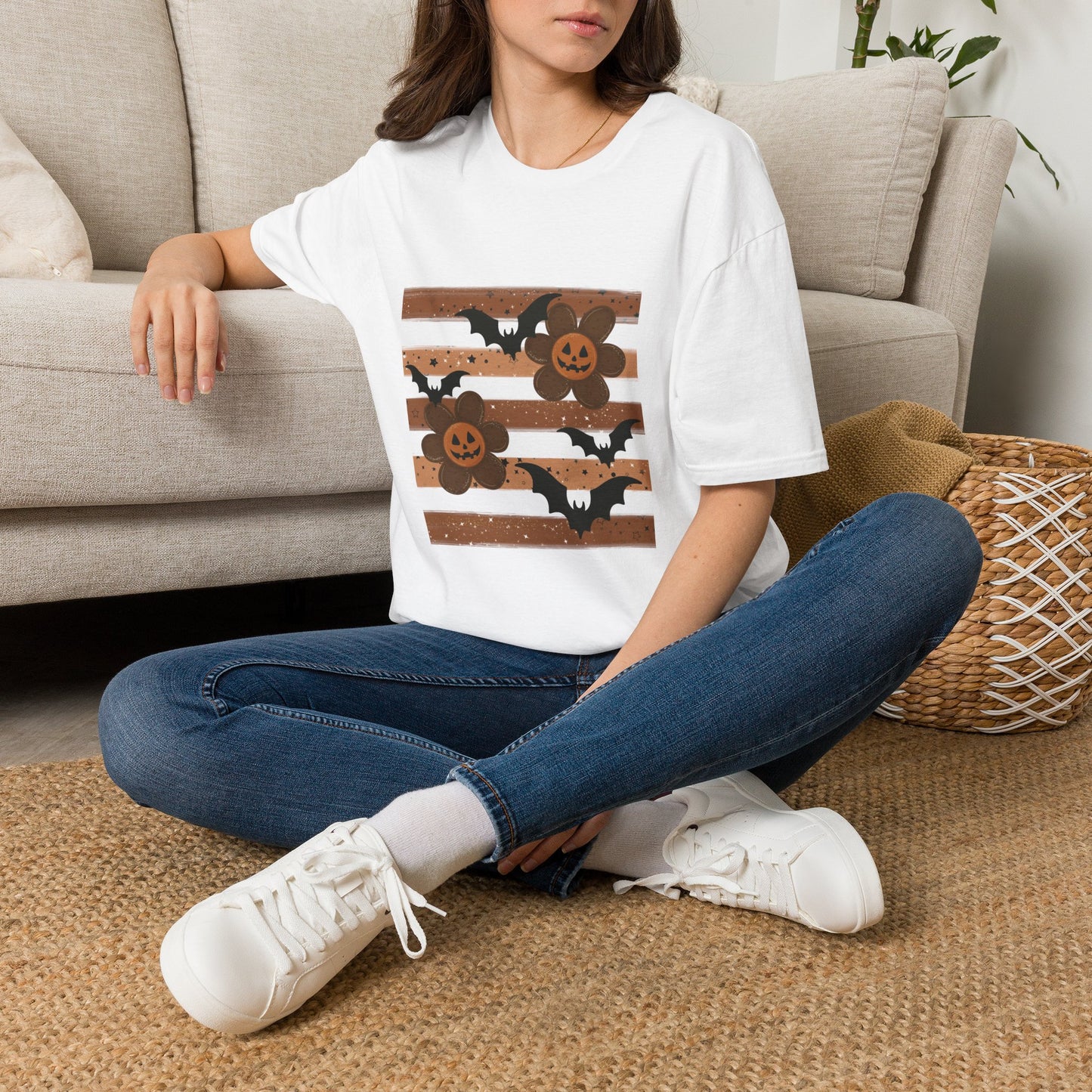 Halloween Pumpkin & Bat Striped T-Shirt — Spooky Fall Graphic Tee