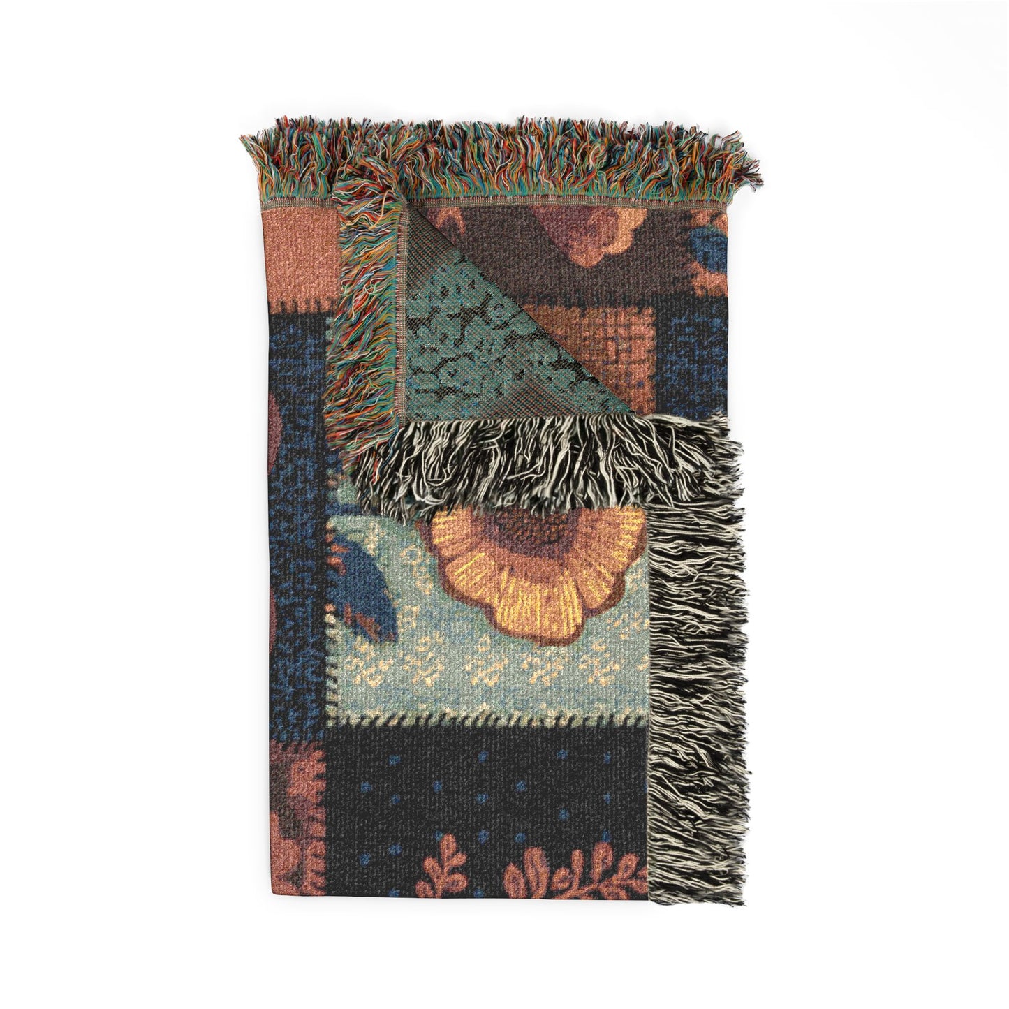 Heart Patchwork Woven Blanket — Rustic Floral Throw for Cozy Home & Gift