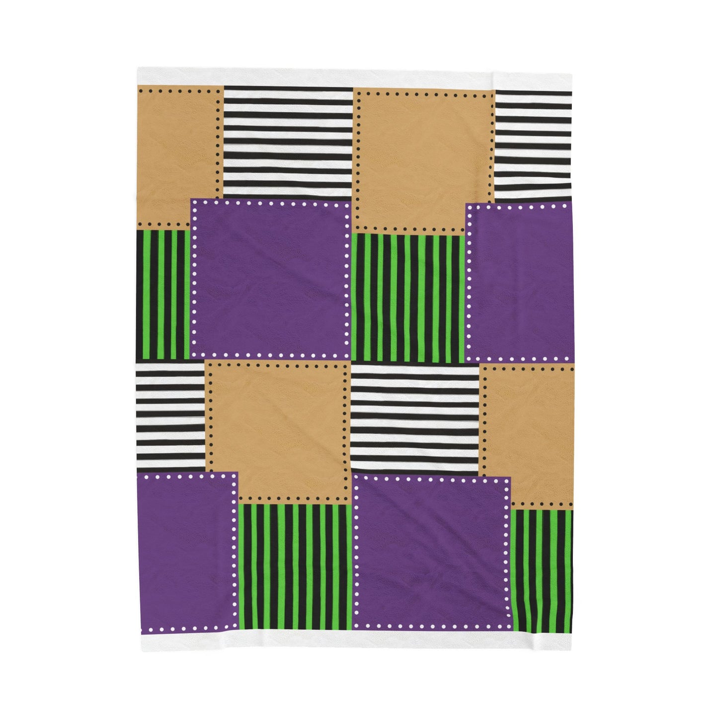 Patchwork Velvet Plush Blanket — Purple, Green & Gold Striped Cozy Throw