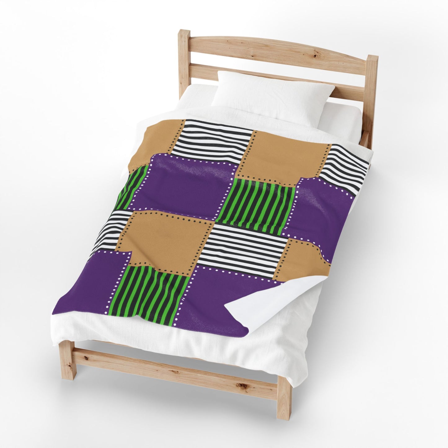 Patchwork Velvet Plush Blanket — Purple, Green & Gold Striped Cozy Throw