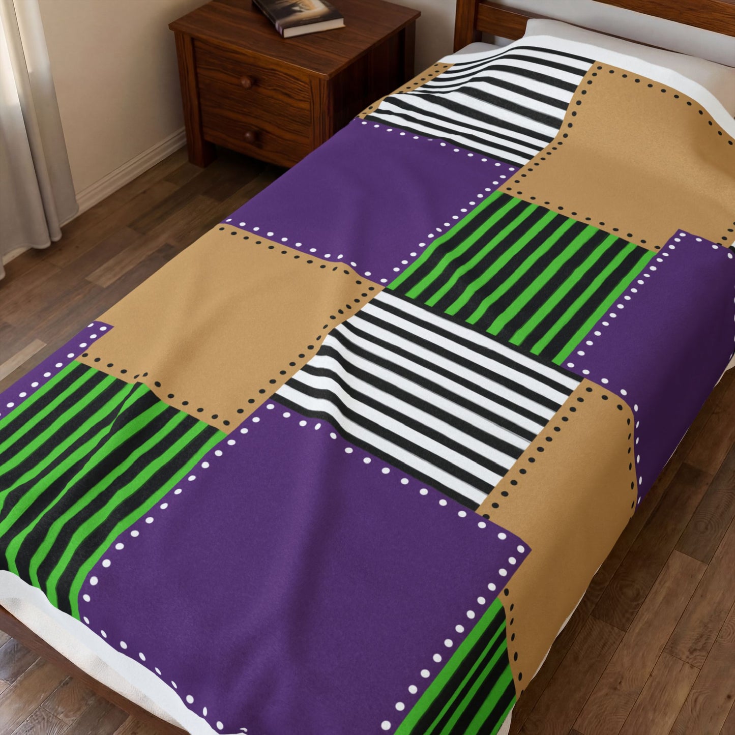 Patchwork Velvet Plush Blanket — Purple, Green & Gold Striped Cozy Throw
