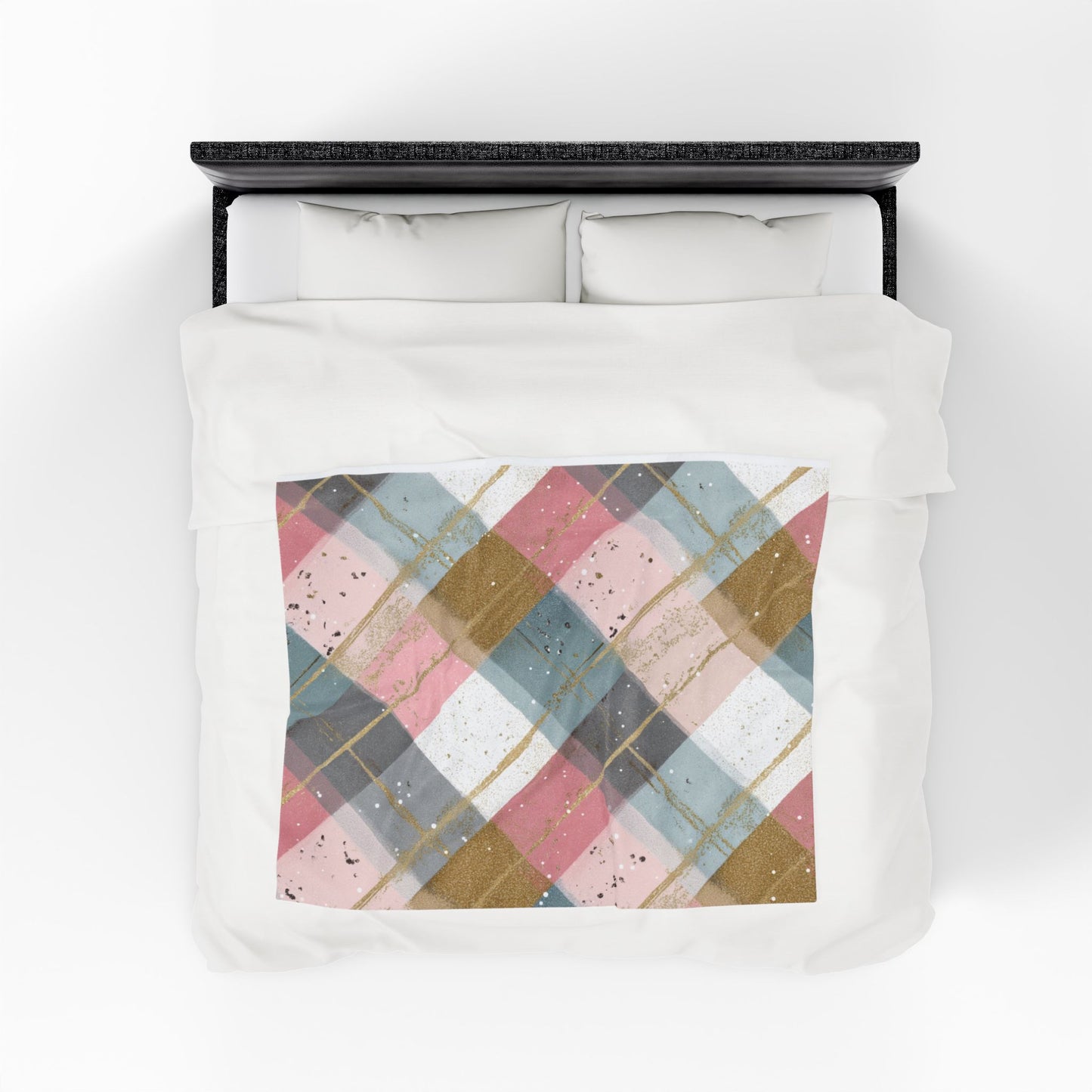 Pastel Plaid Velveteen Plush Blanket — Soft Pink & Gold Cozy Throw