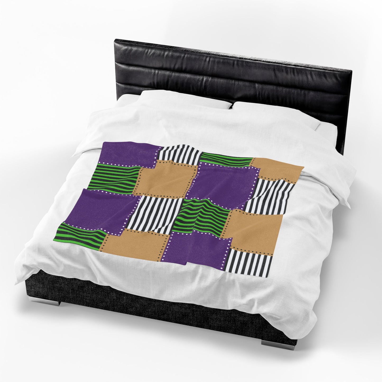 Patchwork Velvet Plush Blanket — Purple, Green & Gold Striped Cozy Throw
