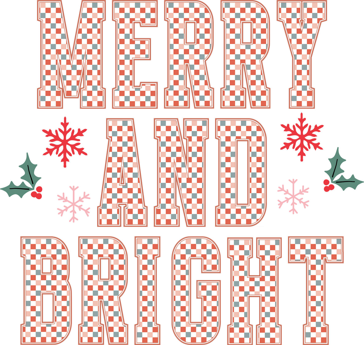 Merry and Bright Christmas T-Shirt | Retro Holiday Checkered Lettering Tee | Festive Vintage-Inspired Shirt