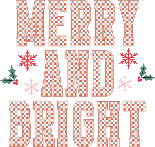 Merry and Bright Christmas T-Shirt | Retro Holiday Checkered Lettering Tee | Festive Vintage-Inspired Shirt